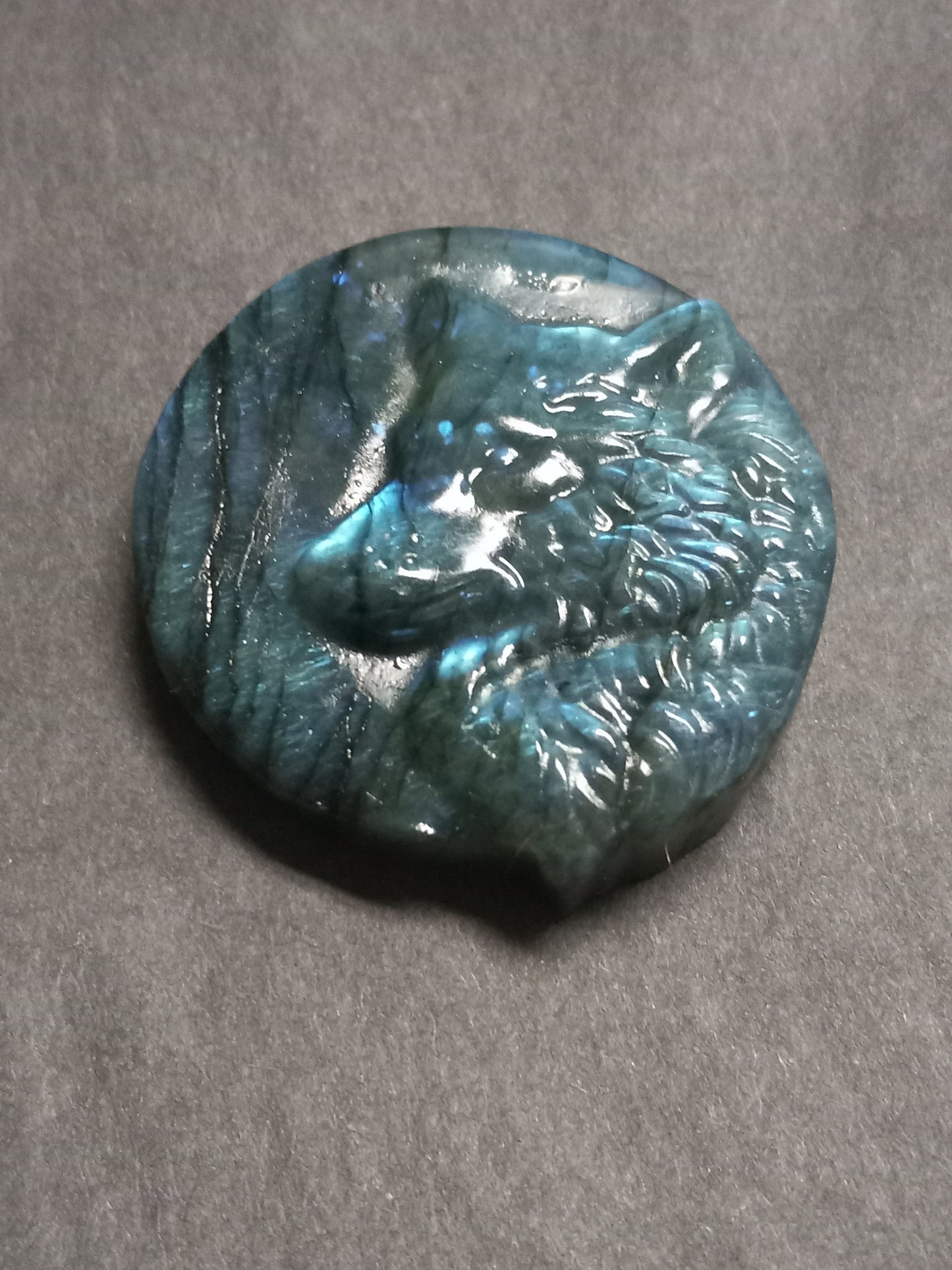 Labradorite Wolf and Moon Carving