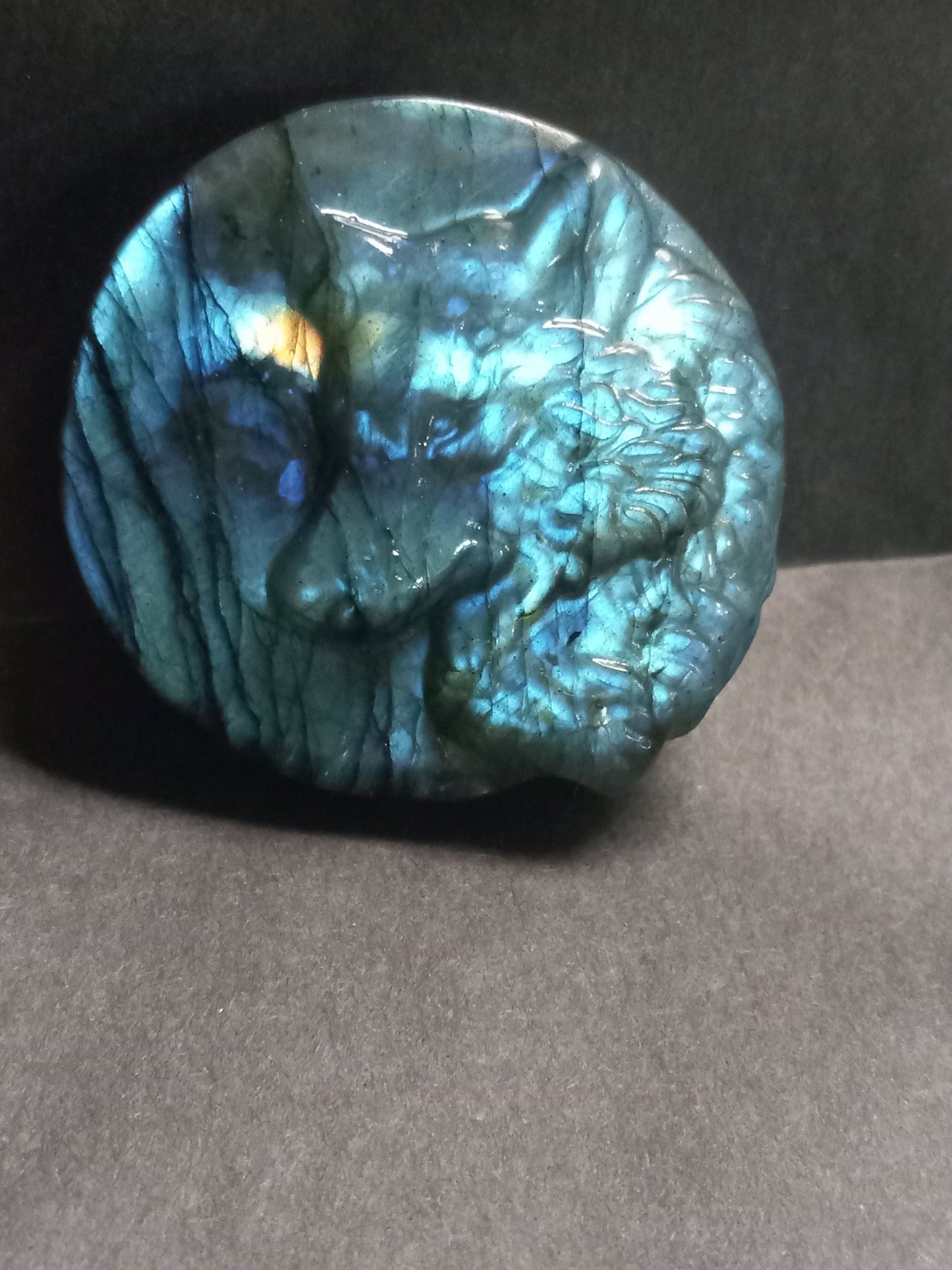 Labradorite Wolf and Moon Carving