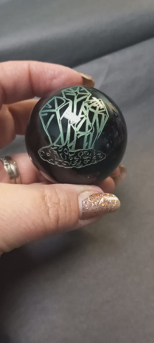 Obsidian Sphere with Crystal Etching