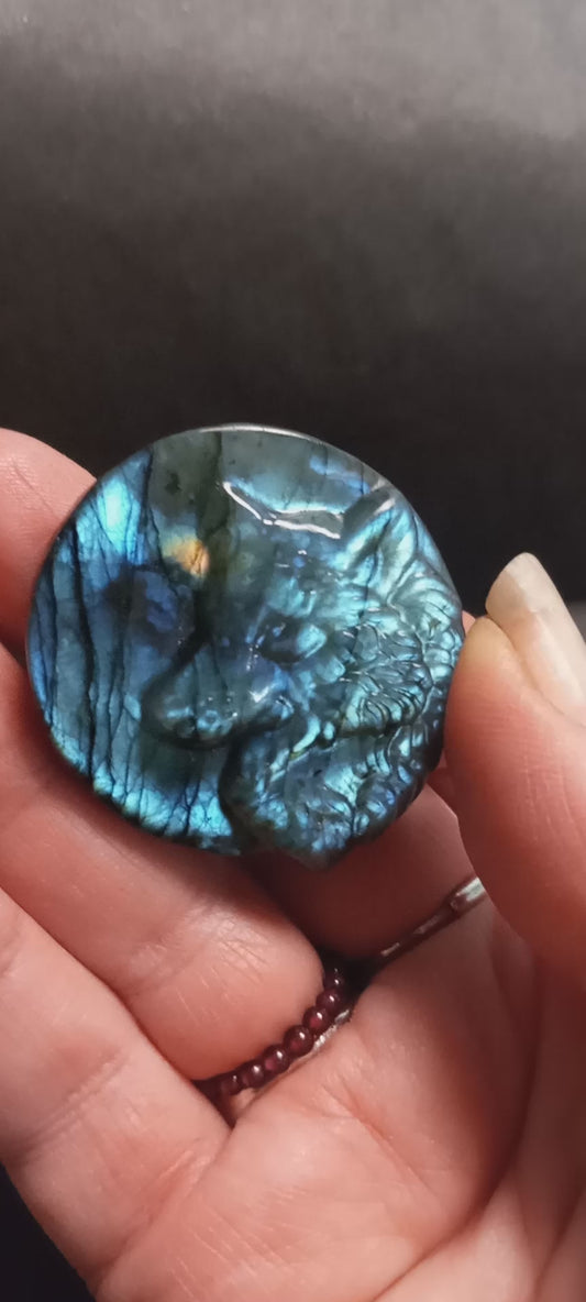 Labradorite Wolf and Moon Carving